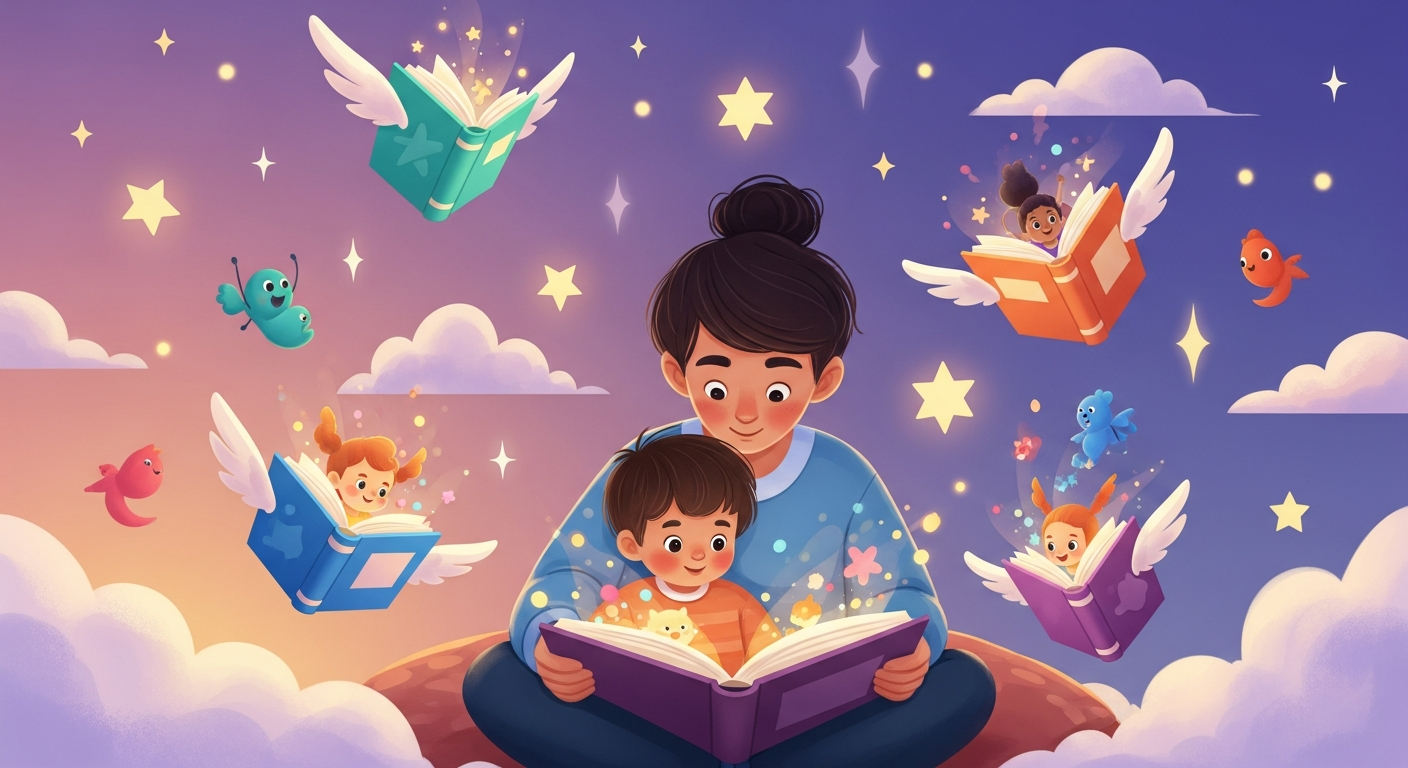 Parent and child reading a magical storybook - Magic Story Makerz Hero Image
